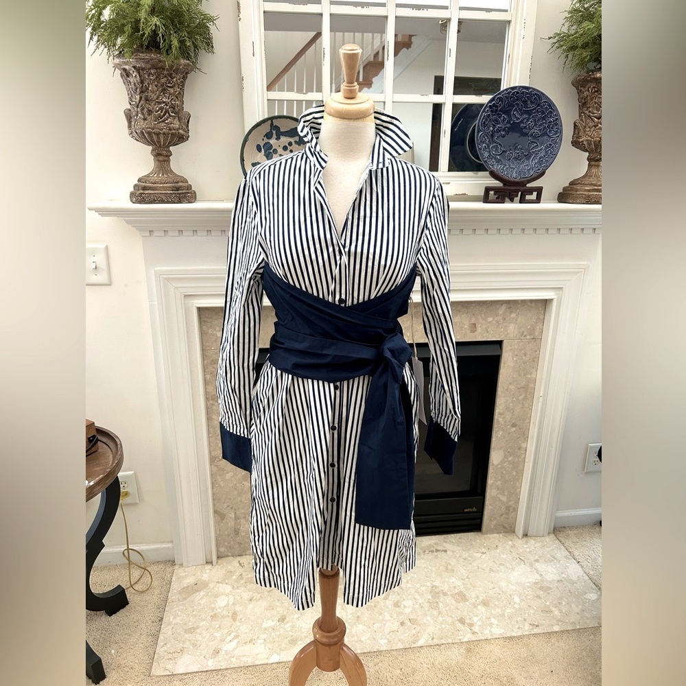 NWT Lumiere Striped Navy and White Cotton Shirt Dress